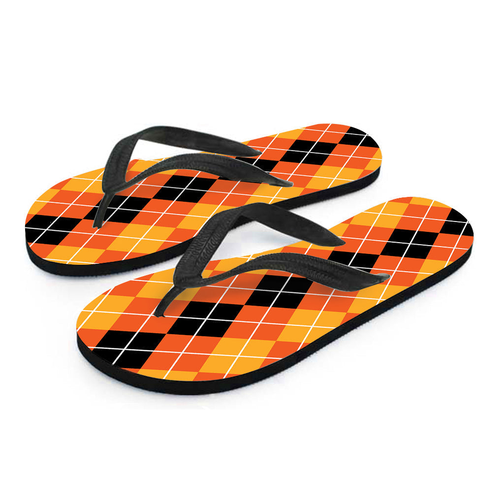 Island Chic: Black and Orange Argyle Pattern Hawaiian Outfit with Matching Flip Flops - 2