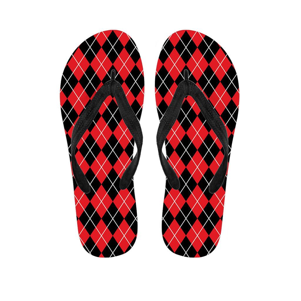 Hawaiian Vibes: Black and Red Argyle Pattern Flip Flops - 1