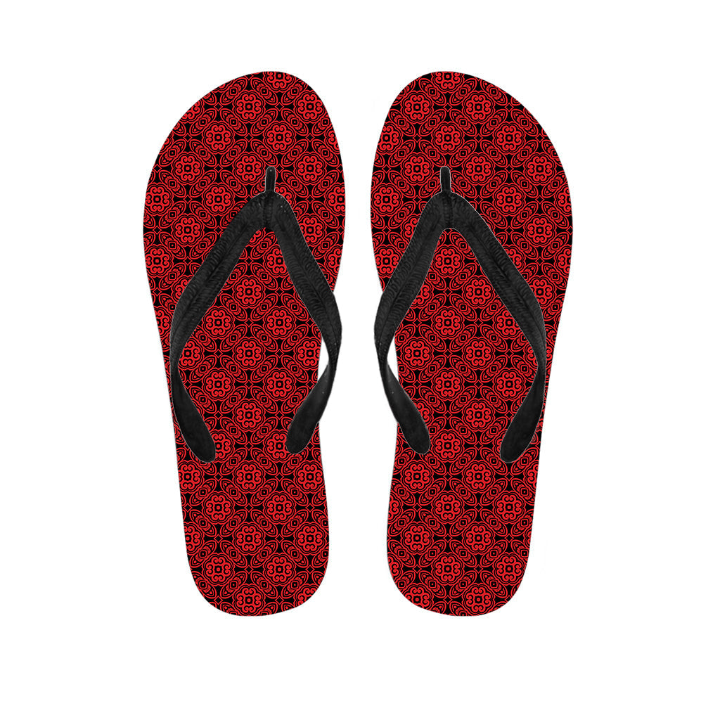 Hawaiian Vibes: Black and Red Chinese Pattern Print Flip Flops - 1