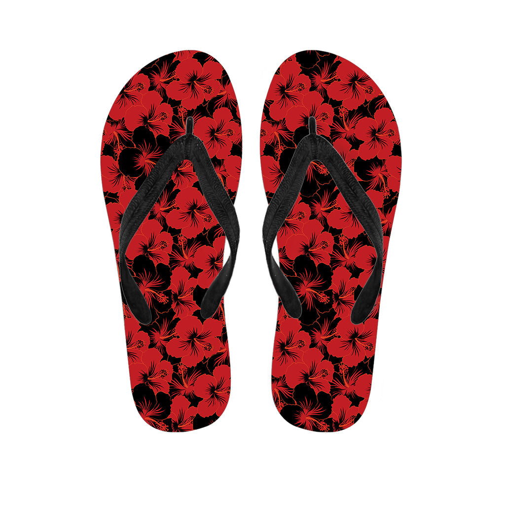 Island Chic: Black and Red Hibiscus Pattern Hawaiian Flip Flops - 1