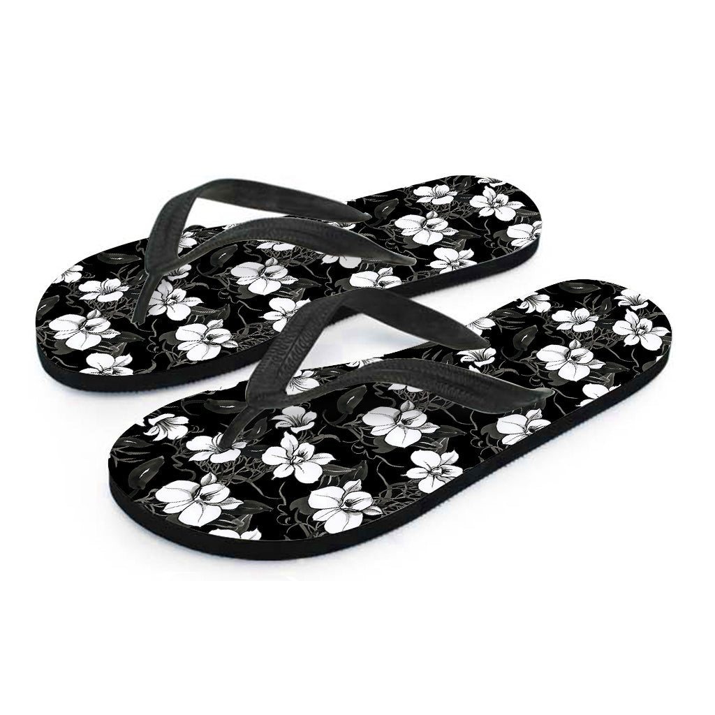 Black and White Cattleya Pattern Print Hawaiian Flip Flops for a Stylish Island Look - 2