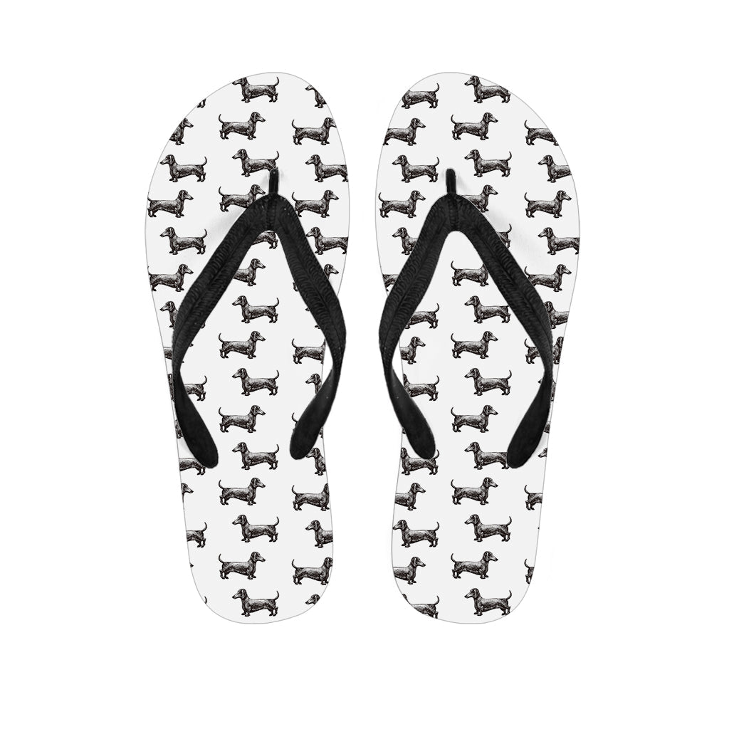 Dachshund Delight Hawaiian Outfit: Black and White Pattern Print Flip Flops - 1