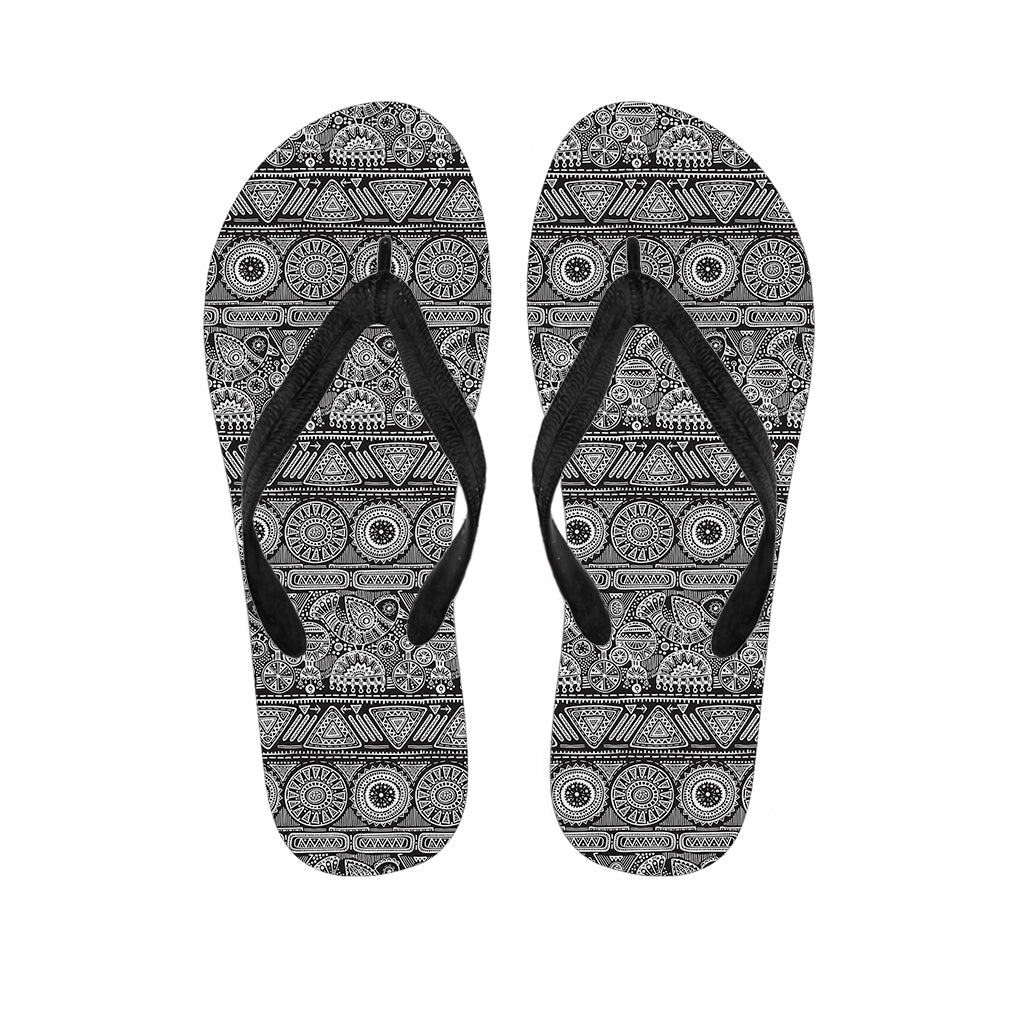 Black and White Ethnic Pattern Print Hawaiian Flip Flops: the Perfect Addition to Your Hawaiian Outfit - 1