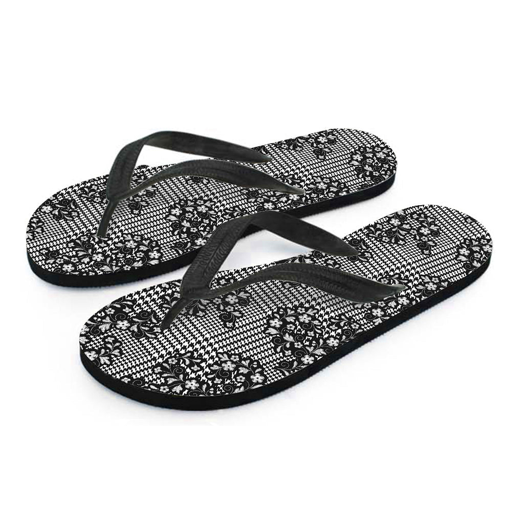 Black and White Floral Glen Plaid Hawaiian Flip Flops - 2