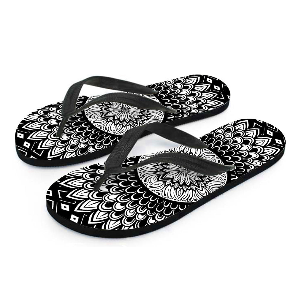 Black and White Mandala Print Hawaiian Flip Flops: The Perfect Addition to Your Island Outfit - 2
