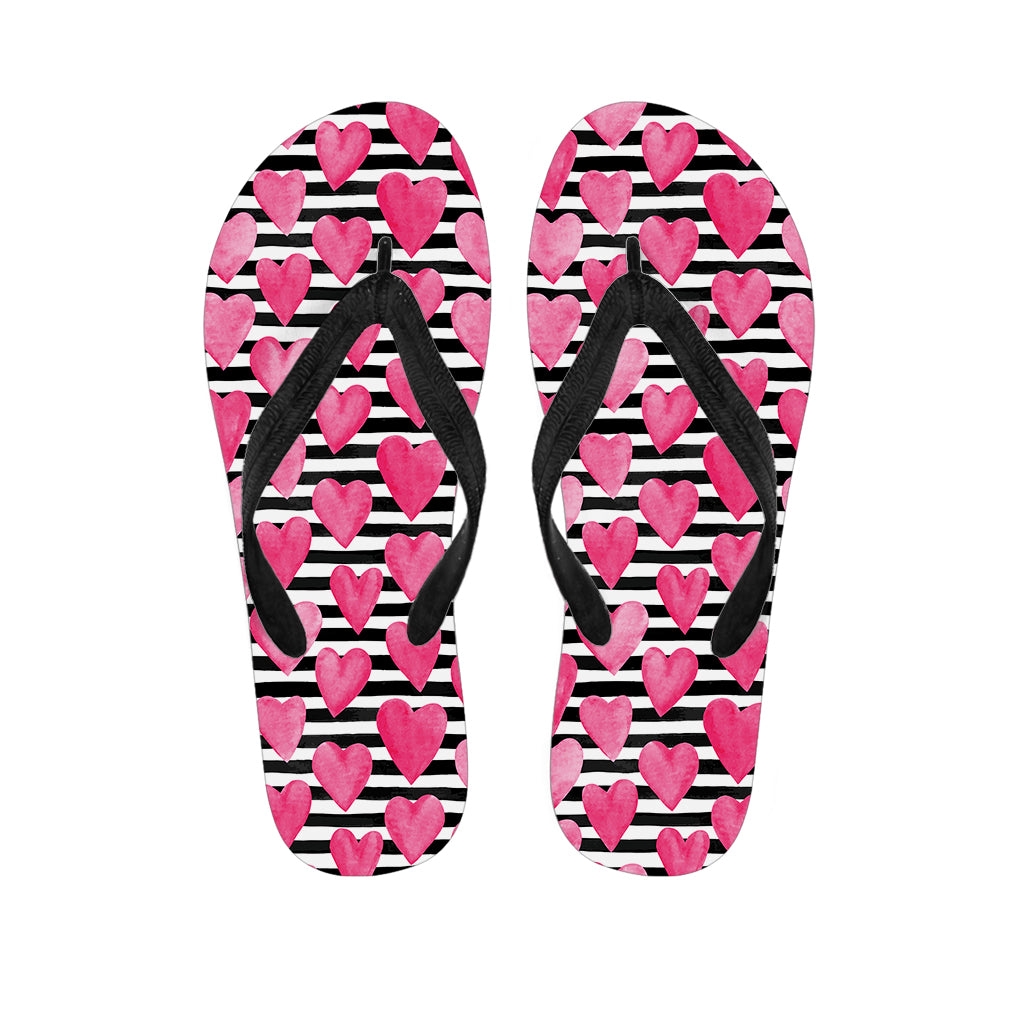 Black and White Striped Heart Print Hawaiian Flip Flops - Perfect for Your Island Outfit - 1