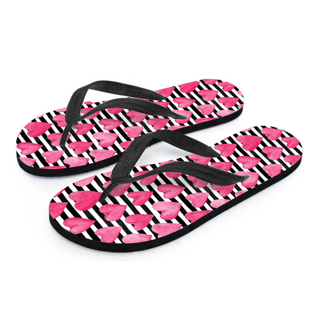 Black and White Striped Heart Print Hawaiian Flip Flops - Perfect for Your Island Outfit - 2