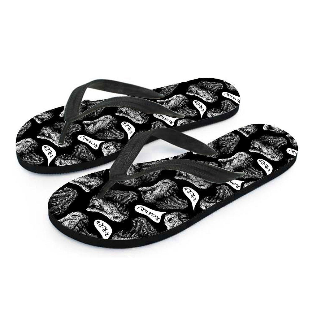 Black and White T-Rex Dinosaur Hawaiian Flip Flops - 2