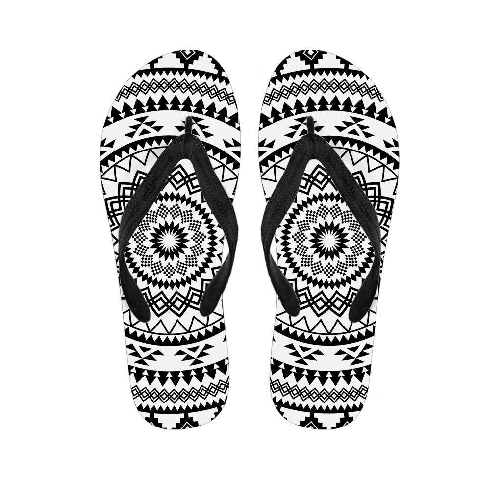 Tropical Paradise: Black and White Tribal Mandala Print Hawaiian Outfit Flip Flops - 1