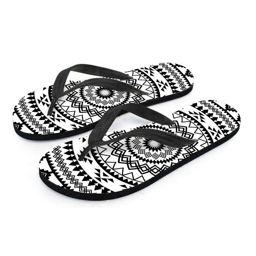 Tropical Paradise: Black and White Tribal Mandala Print Hawaiian Outfit Flip Flops - 2