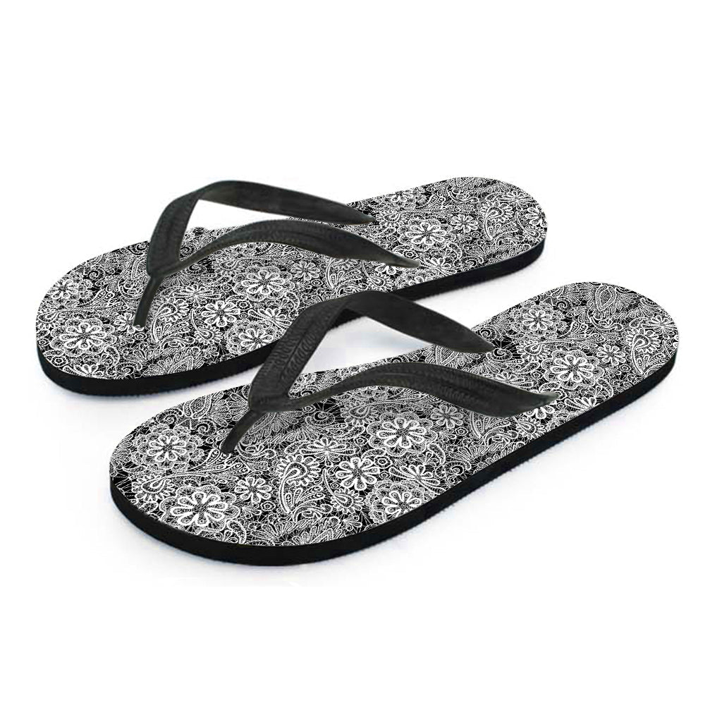 Black and White Western Flower Print Hawaiian Flip Flops: Complete Your Island Style - 2