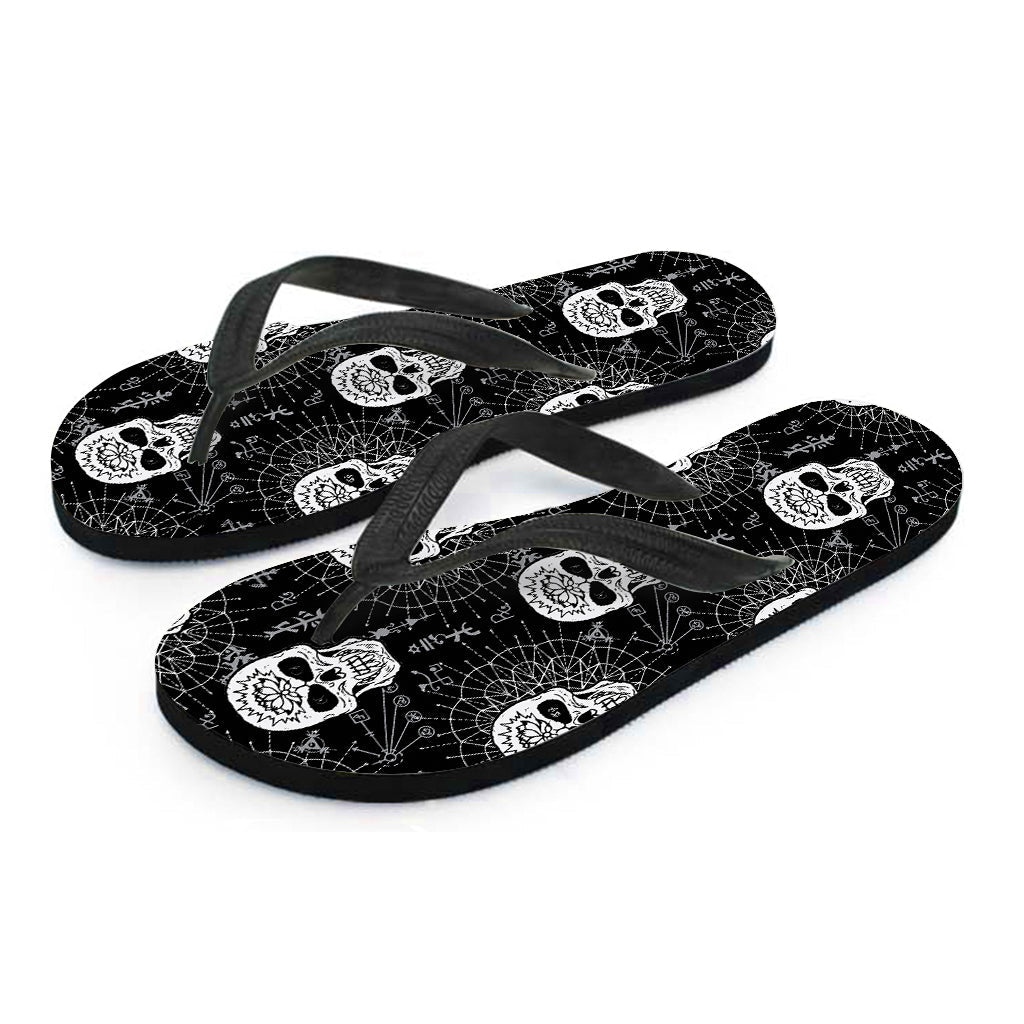 Black and White Evil Skull Hawaiian Flip Flops - Embrace the Aloha Spirit in Style! - 2