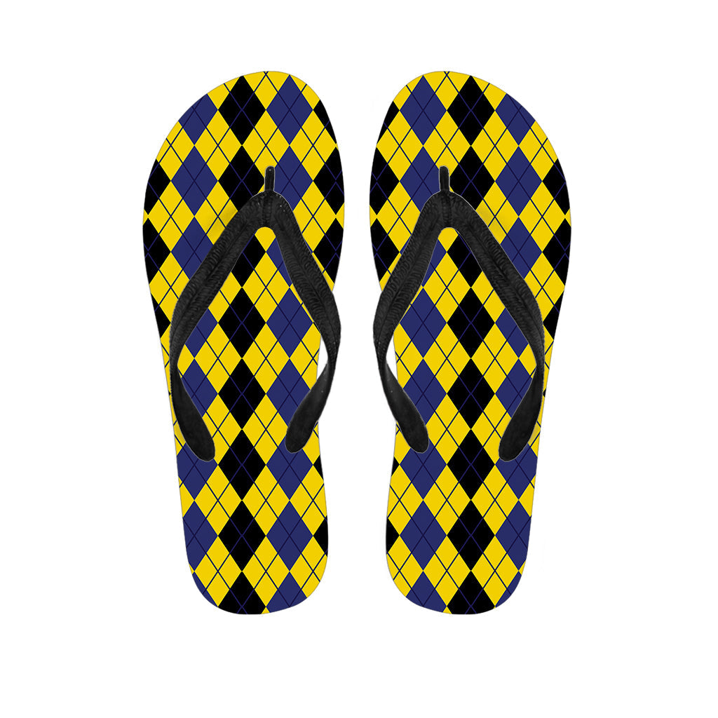 Island Chic: Black, Blue, and Yellow Argyle Print Hawaiian Flip Flops - 1