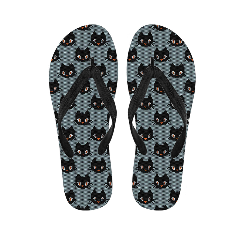Black Cat Knitted Pattern Hawaiian Flip Flops - Embrace Aloha Style! - 1
