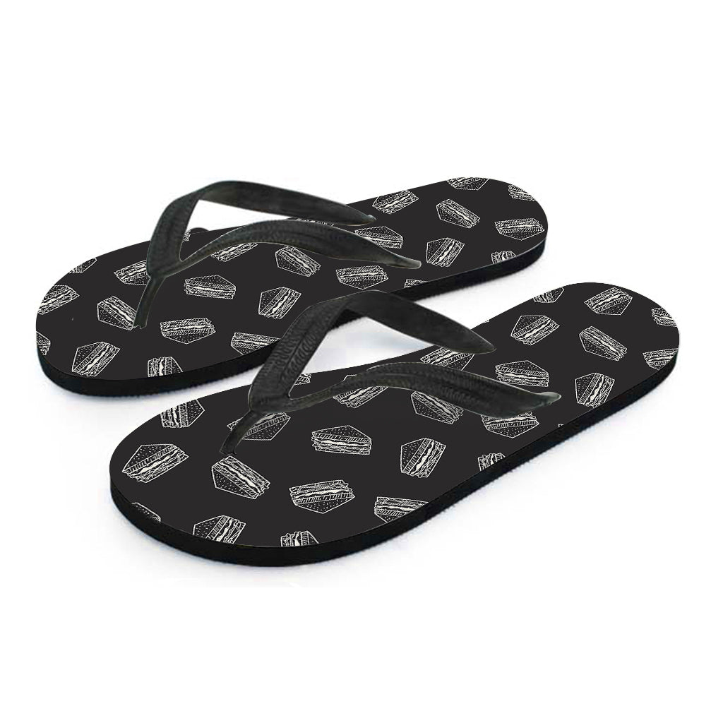 Paradise in Black: Hawaiian Doodle Sandwich Pattern Print Flip Flops - 2