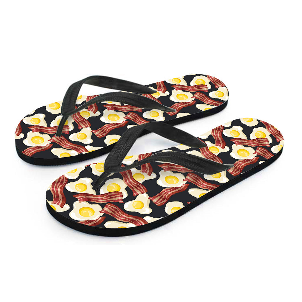 Black Fried Egg and Bacon Pattern Print Hawaiian Flip Flops - 2