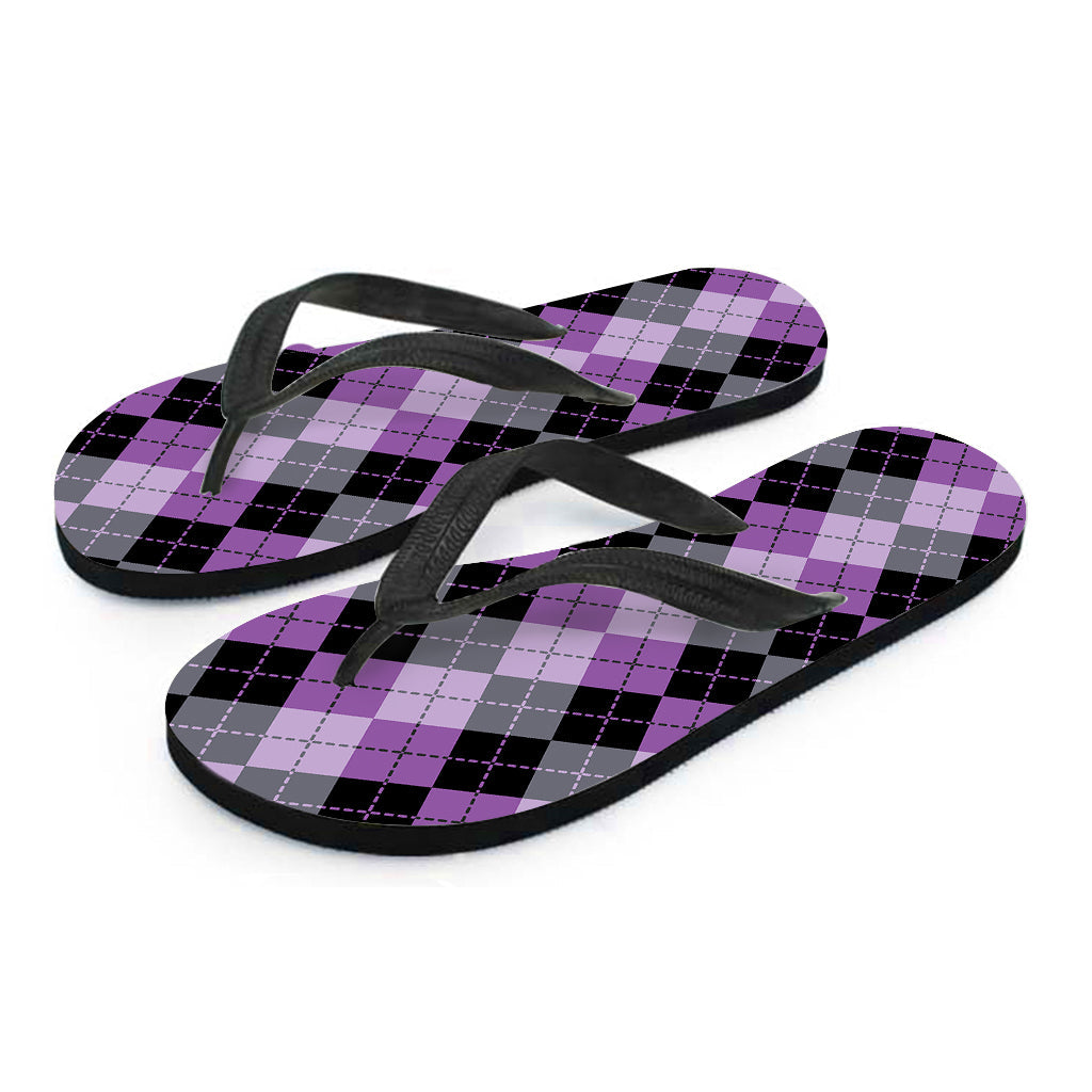 Island Chic: Black, Grey, and Violet Argyle Print Hawaiian Flip Flops - 2