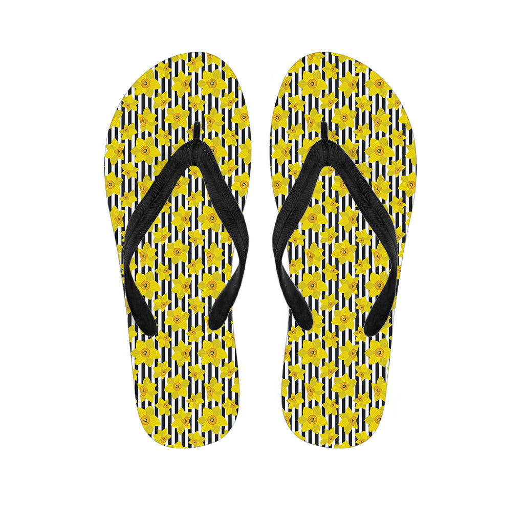 Black Striped Daffodil Pattern Hawaiian Flip Flops: Complete Your Island Look! - 1