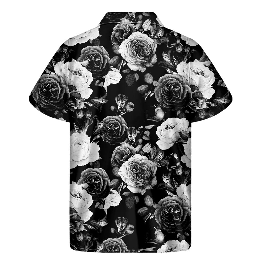 Tropical Aloha: Men's Black White Rose Floral Hawaiian Short Sleeve Shirt - 2