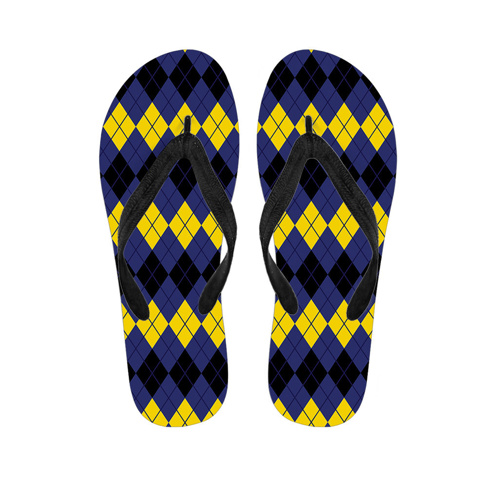 Tropical Vibes: Hawaiian Outfit Inspired by Black, Yellow, and Blue Argyle Print Flip Flops - 1