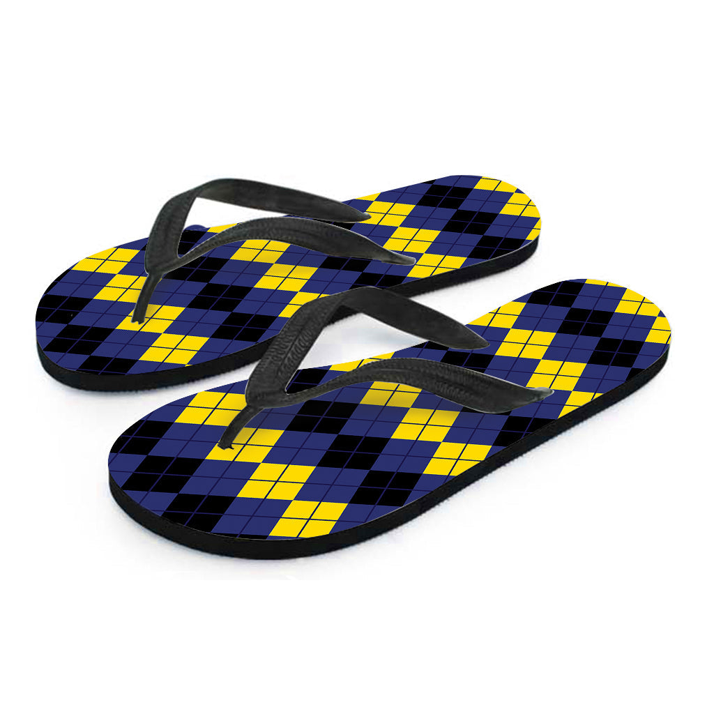 Tropical Vibes: Hawaiian Outfit Inspired by Black, Yellow, and Blue Argyle Print Flip Flops - 2