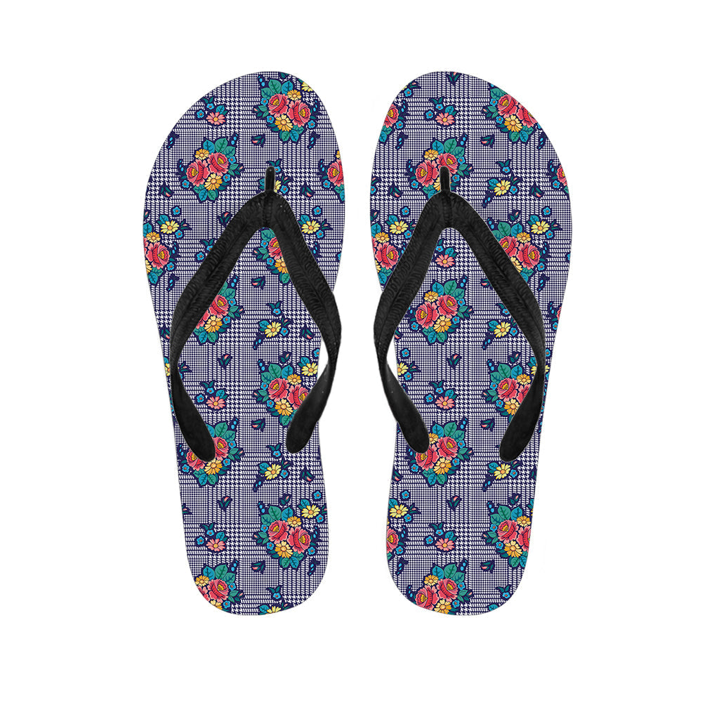 Blue and White Floral Glen Plaid Hawaiian Flip Flops - Perfect for Your Island Outfit - 1