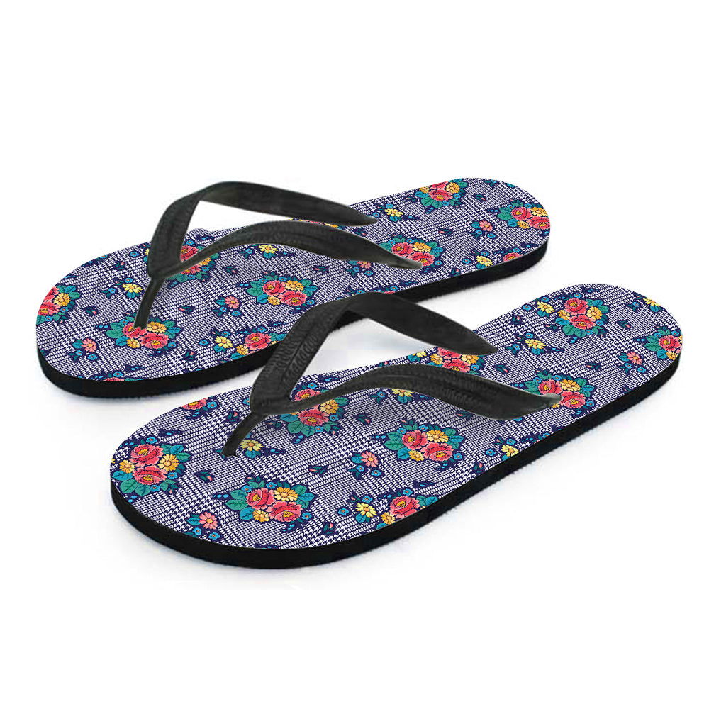 Blue and White Floral Glen Plaid Hawaiian Flip Flops - Perfect for Your Island Outfit - 2