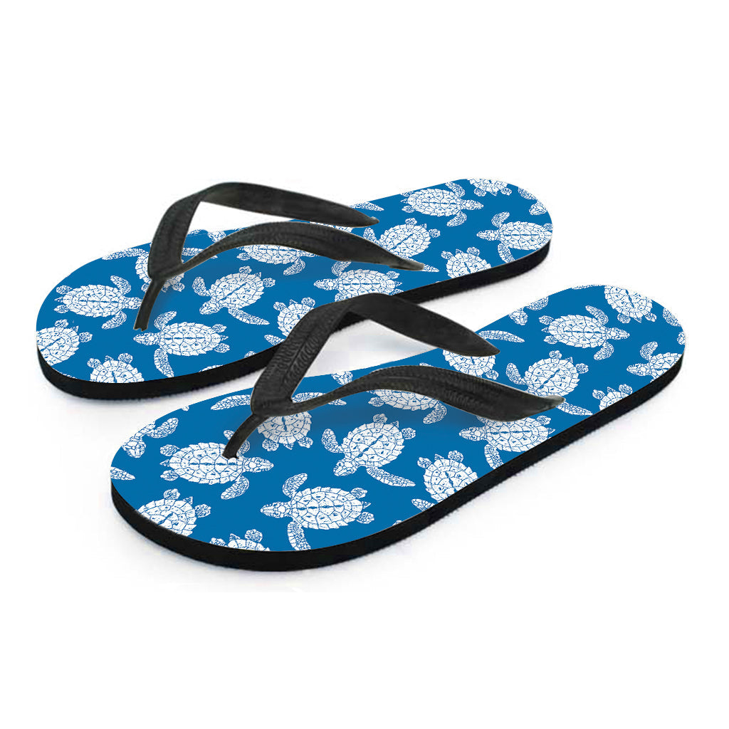 Blue and White Sea Turtle Pattern Hawaiian Outfit Flip Flops - 2
