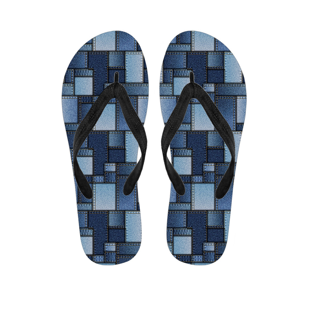 Blue Denim Patchwork Pattern Hawaiian Flip Flops: The Perfect Addition to Your Island Outfit - 1