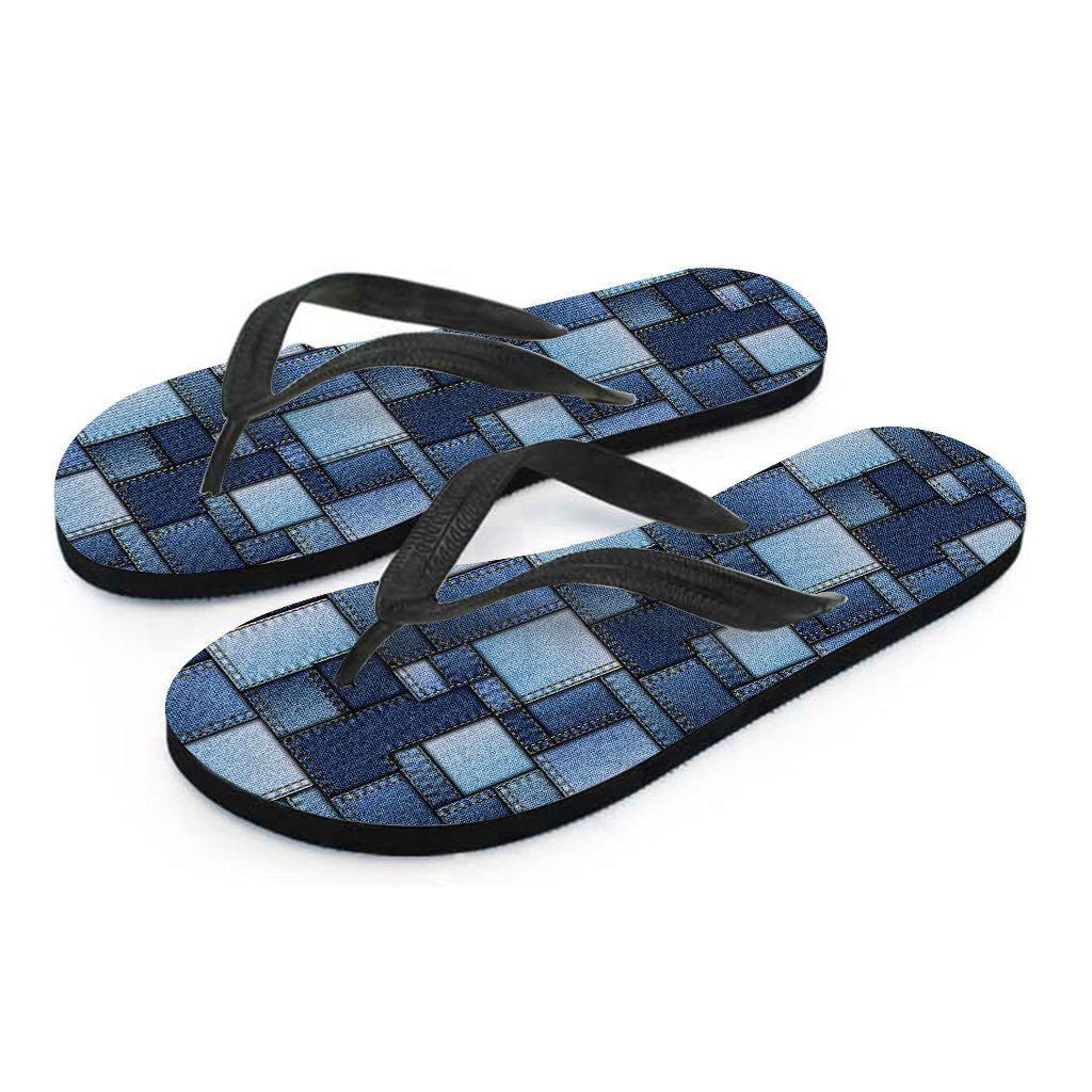 Blue Denim Patchwork Pattern Hawaiian Flip Flops: The Perfect Addition to Your Island Outfit - 2