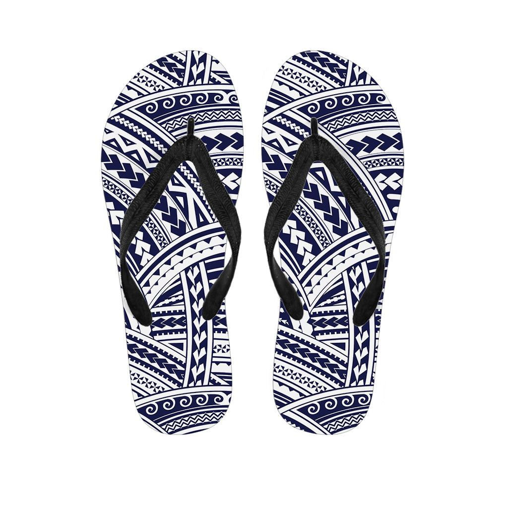 Blue Maori Polynesian Tattoo Print Hawaiian Outfit with Matching Flip Flops - 1