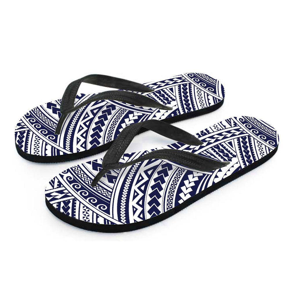 Blue Maori Polynesian Tattoo Print Hawaiian Outfit with Matching Flip Flops - 2
