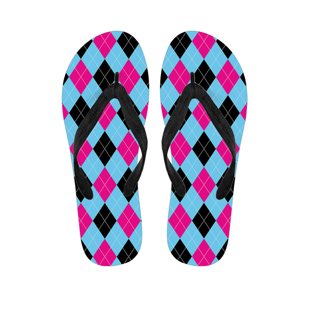 Blue, Pink, and Black Argyle Pattern Hawaiian Flip Flops - The Perfect Addition to Your Tropical Outfit - 1