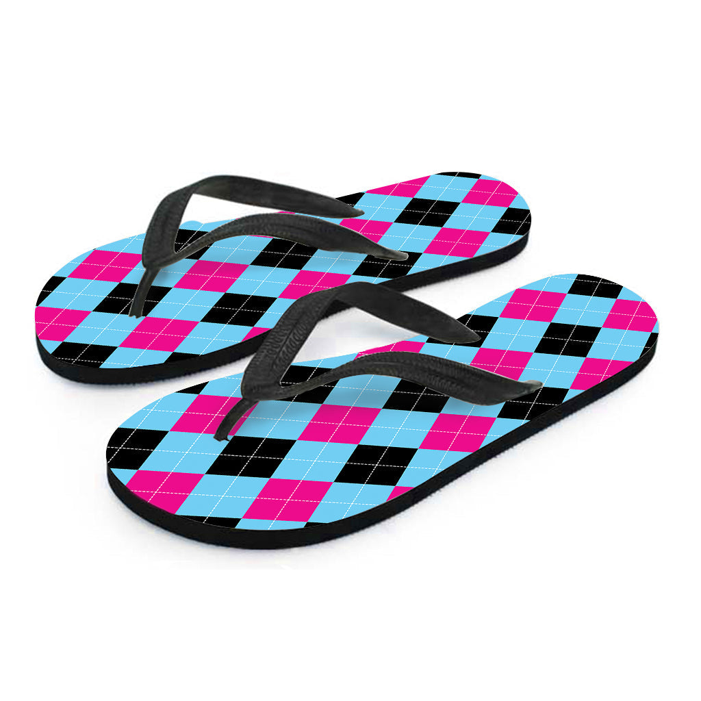 Blue, Pink, and Black Argyle Pattern Hawaiian Flip Flops - The Perfect Addition to Your Tropical Outfit - 2