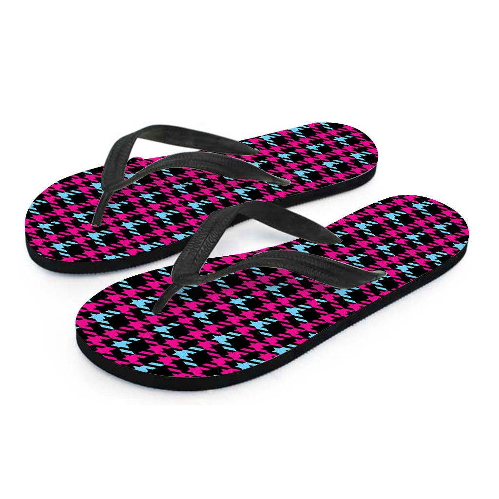 Hawaiian Vibes: Blue, Pink, and Black Houndstooth Print Flip Flops to Complete Your Outfit - 2