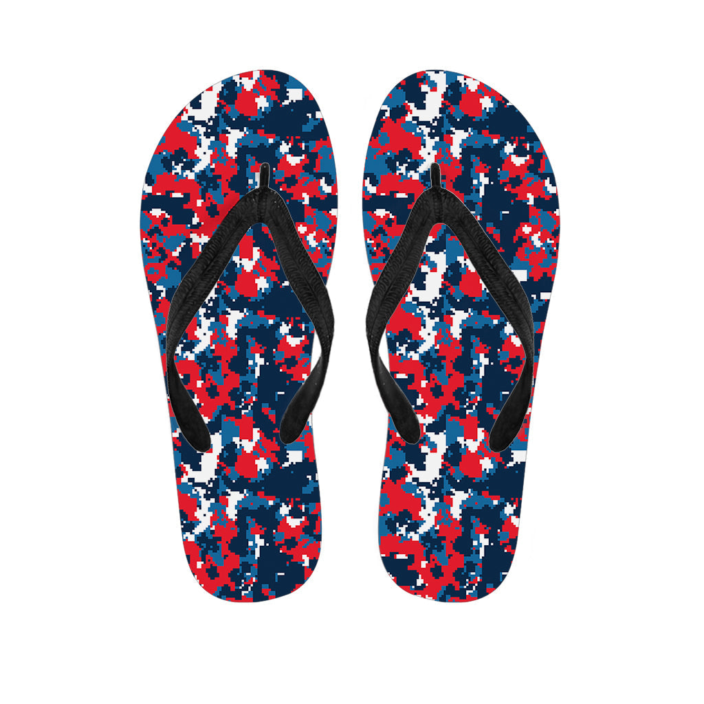Blue, Red, and White Digital Camo Print Hawaiian Flip Flops: The Perfect Addition to Your Island Outfit - 1