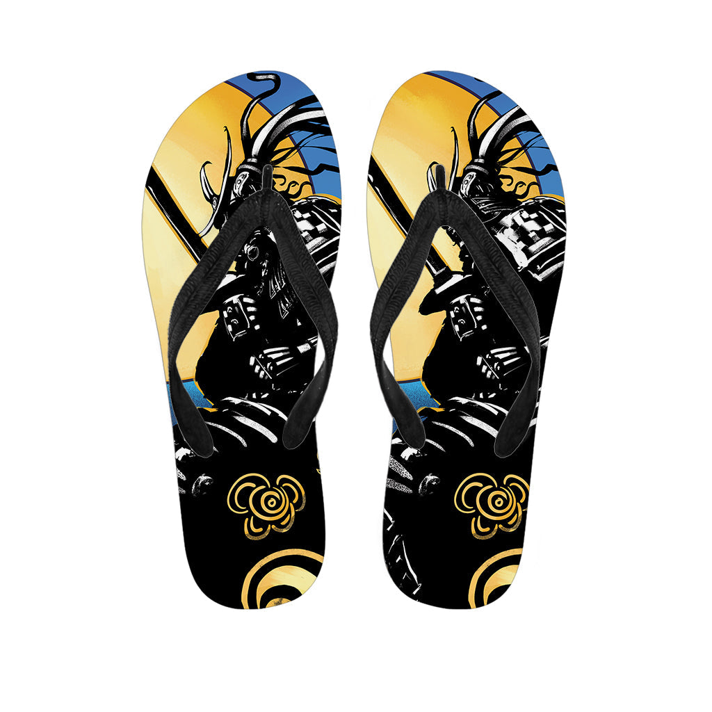 Blue Sky and Golden Sun Hawaiian Samurai Print Flip Flops: The Perfect Addition to Your Hawaiian Outfit - 1