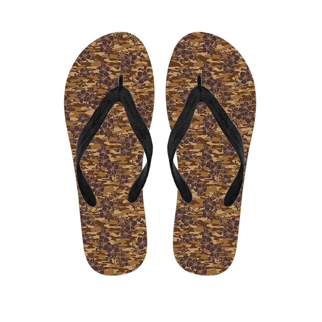 Brown Hawaiian Camo Flower Pattern Print Flip Flops: The Perfect Addition to Your Hawaiian Outfit! - 1