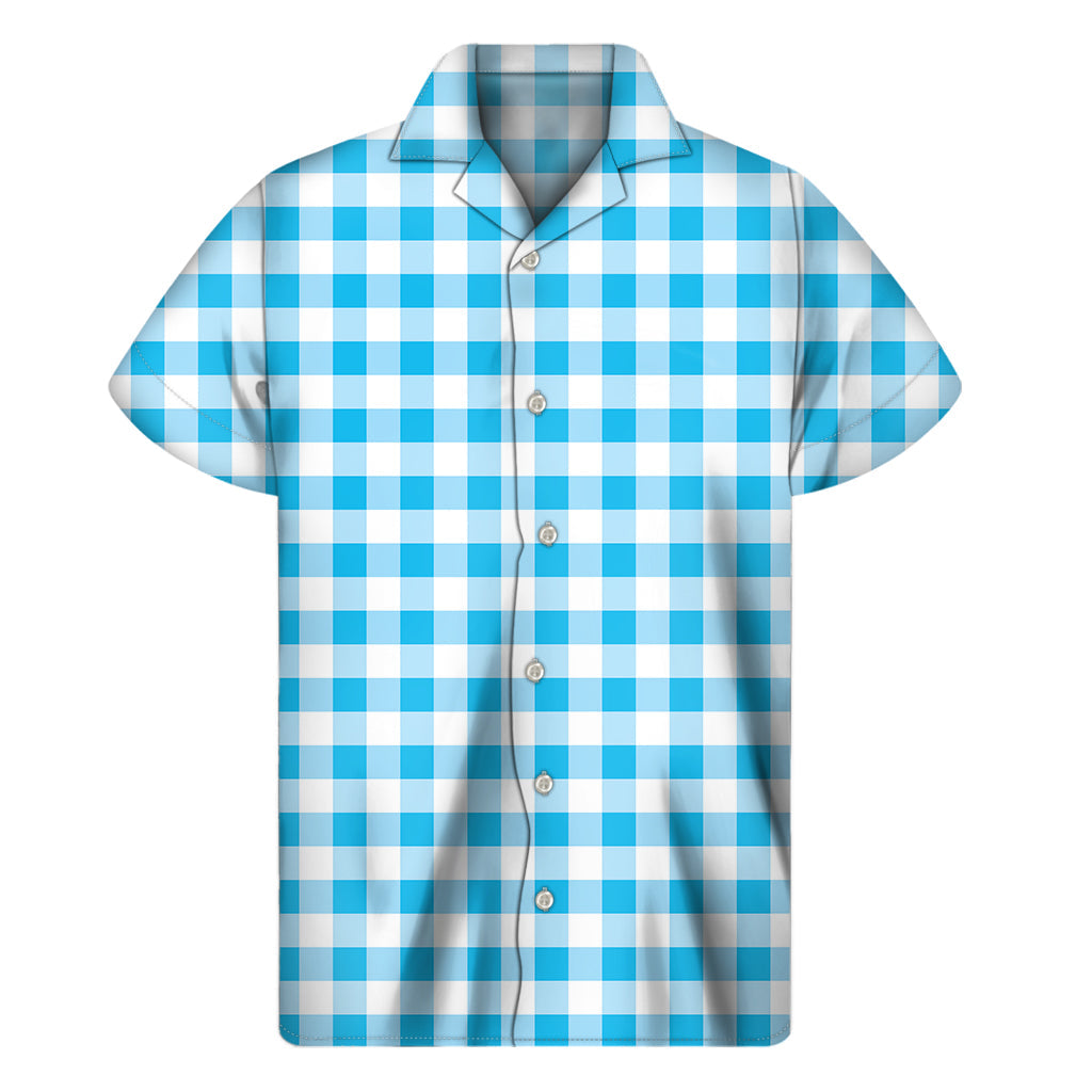 Island Breeze: Cyan Blue and White Gingham Hawaiian Short Sleeve Shirt - 1