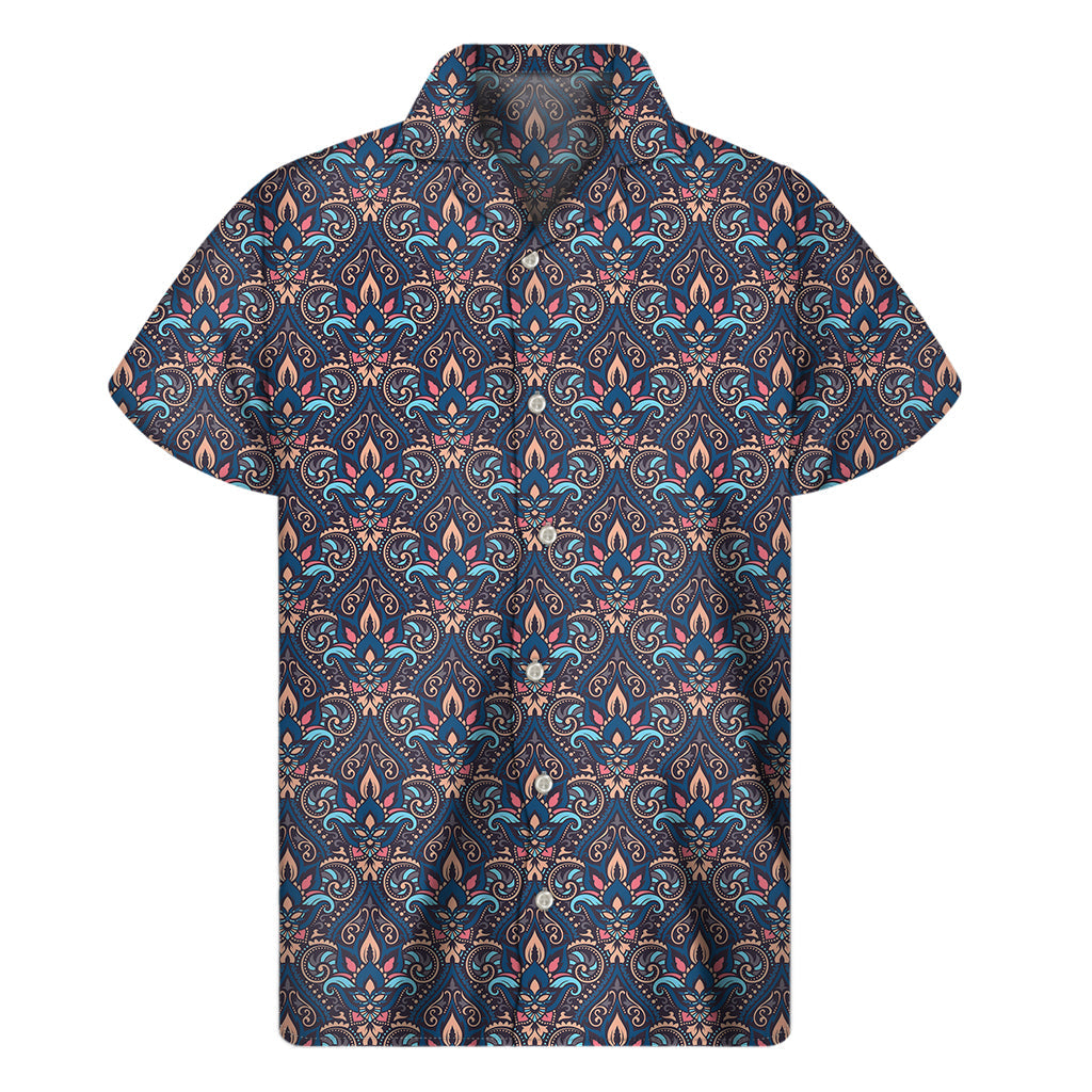Tropical Vibes: Men's Hawaiian Short Sleeve Shirt with Damask Boho Pattern Print - 1