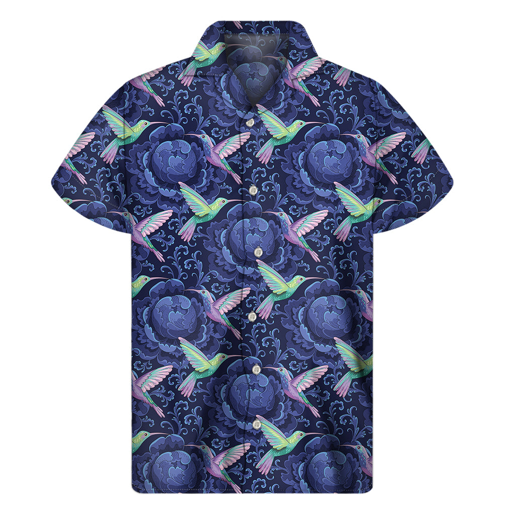 Dark Blue Floral Hawaiian Hummingbird Men's Short Sleeve Shirt - 1