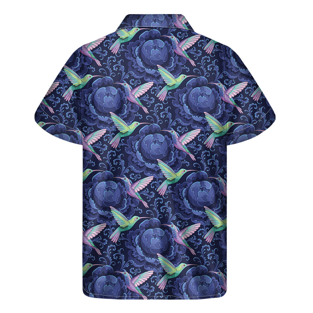 Dark Blue Floral Hawaiian Hummingbird Men's Short Sleeve Shirt - 2