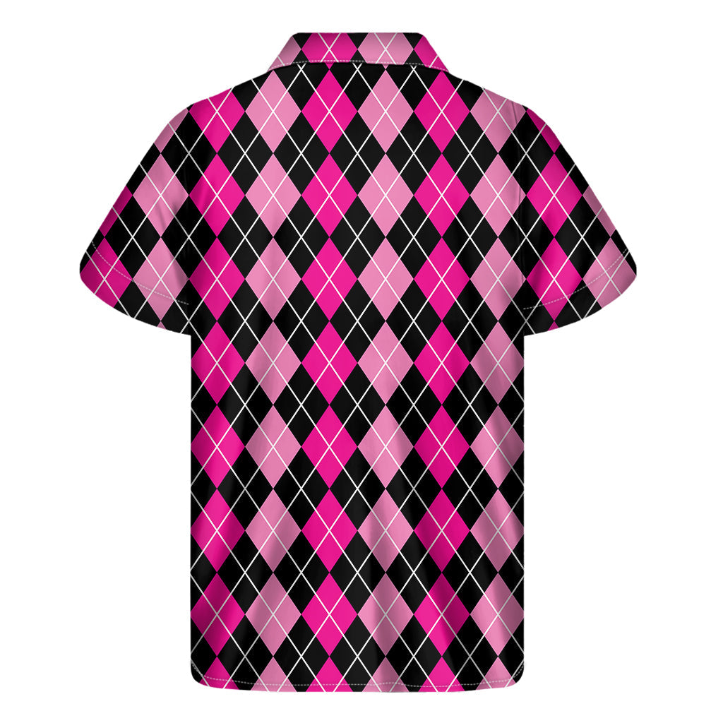 Hawaiian Paradise: Deep Pink and Black Argyle Pattern Men's Short Sleeve Shirt - 2