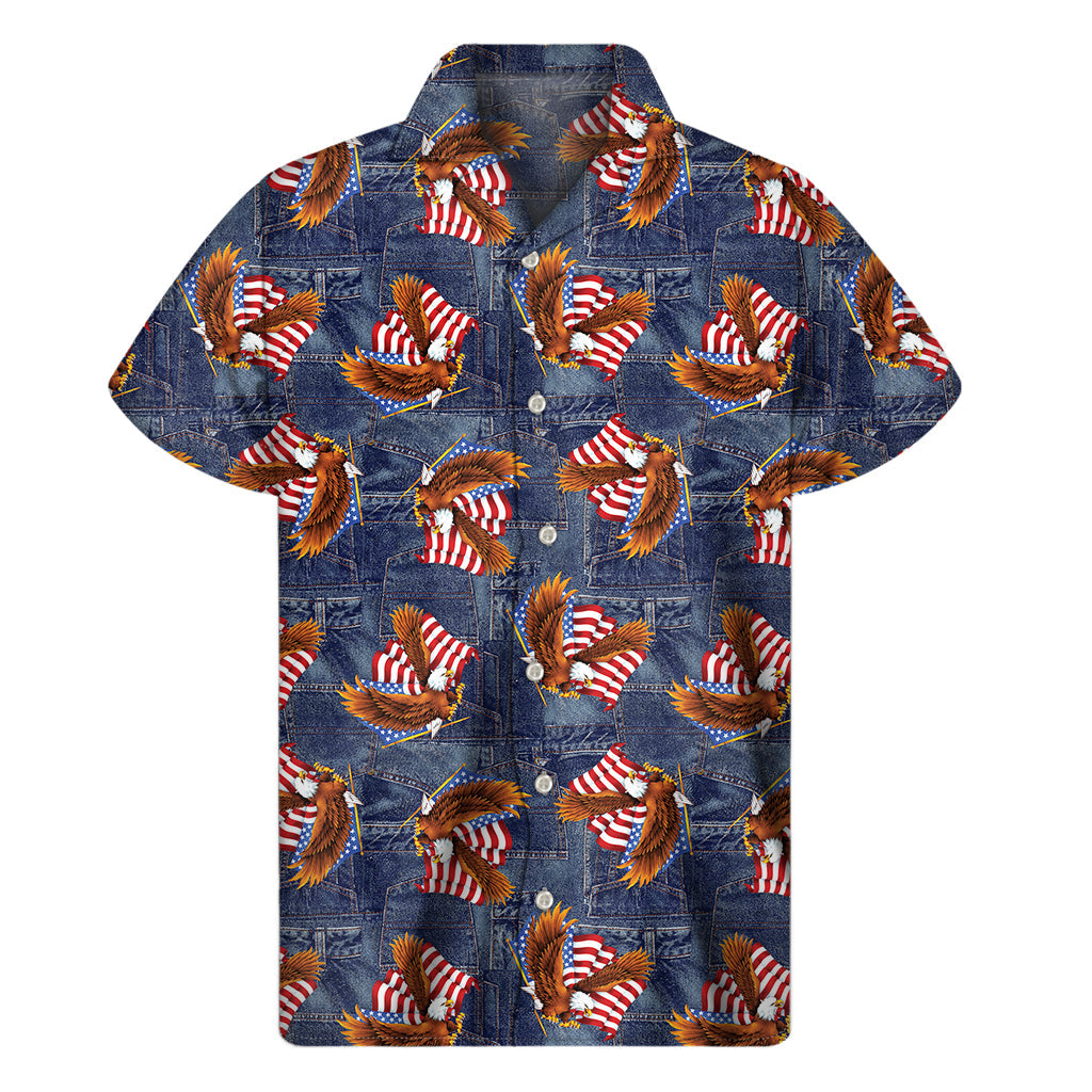 Hawaiian Vibes: Denim American Eagle Print Short Sleeve Shirt - 1