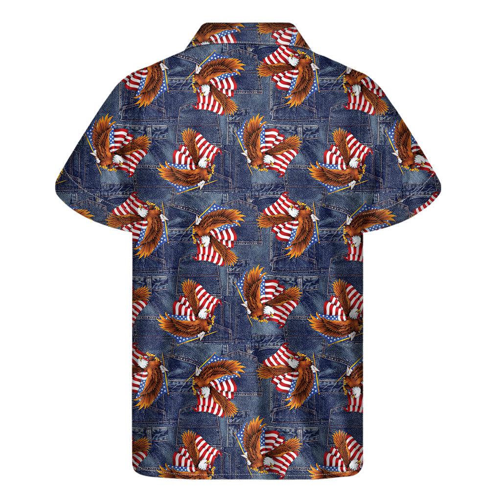 Hawaiian Vibes: Denim American Eagle Print Short Sleeve Shirt - 2