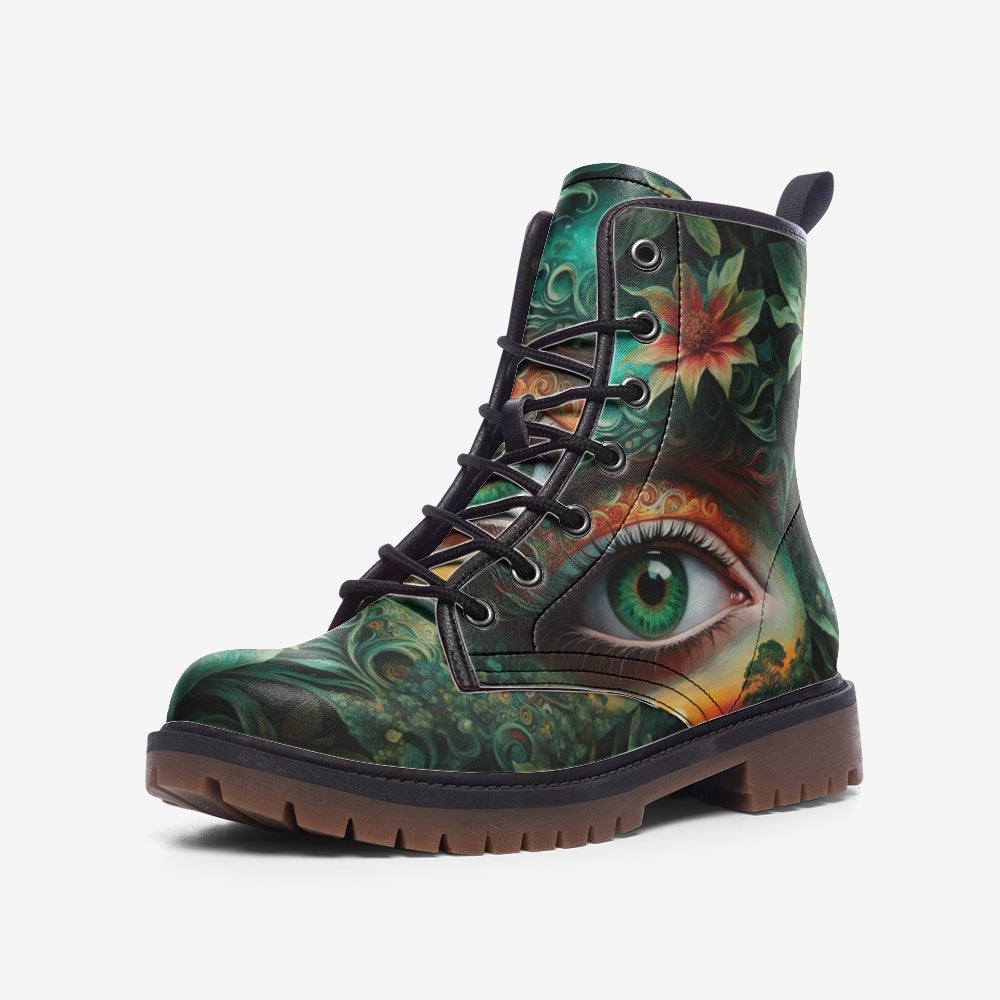 Leather Boots With Green Forest Eyes Print For Hippie Style