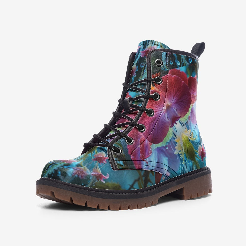 Leather Boots With Glowing Flower Print For Hippie Style