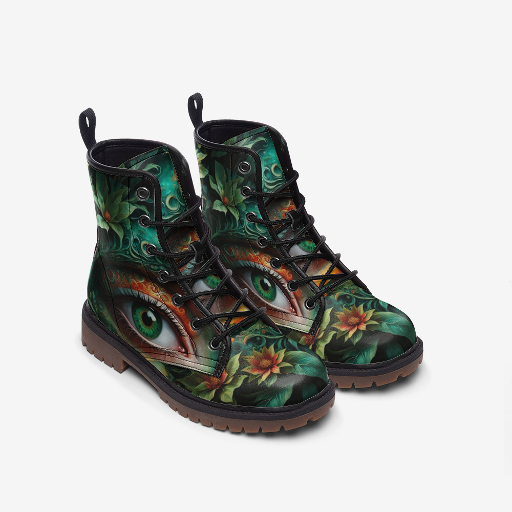 Leather Boots With Green Forest Eyes Print For Hippie Style