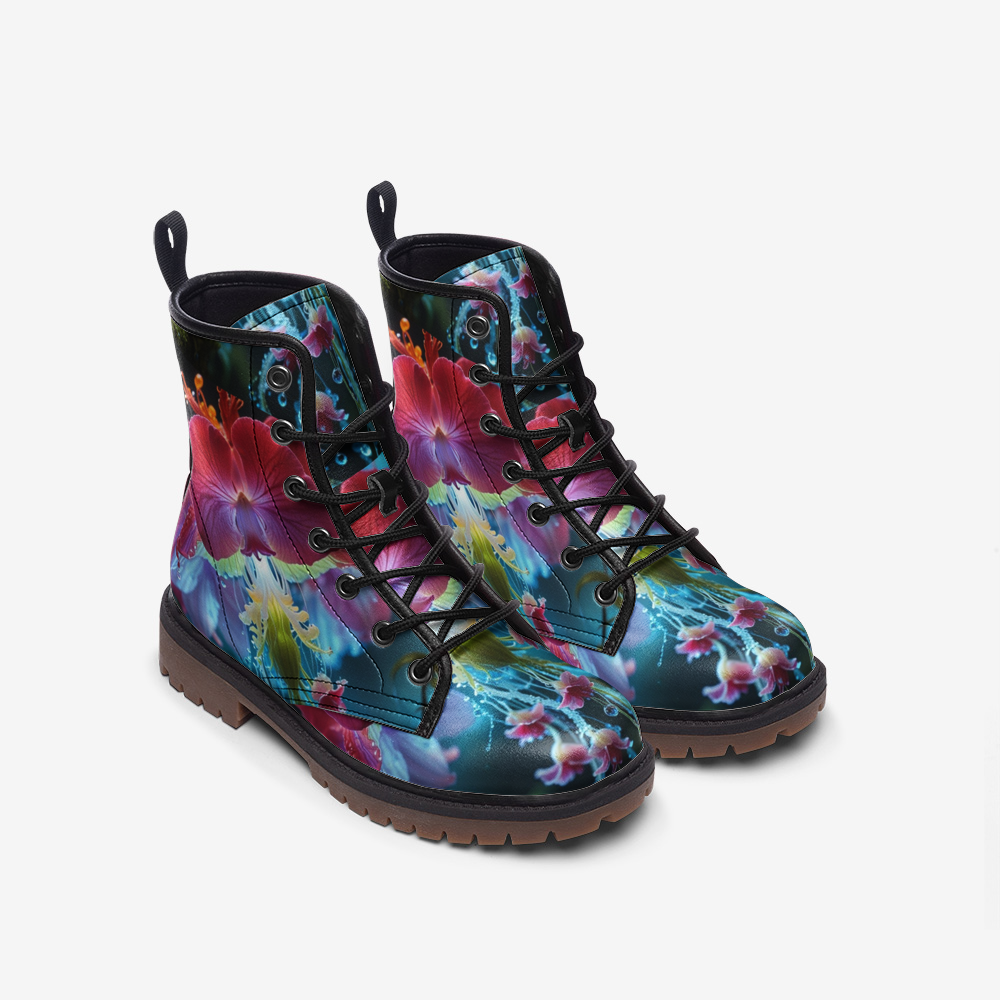 Leather Boots With Glowing Flower Print For Hippie Style