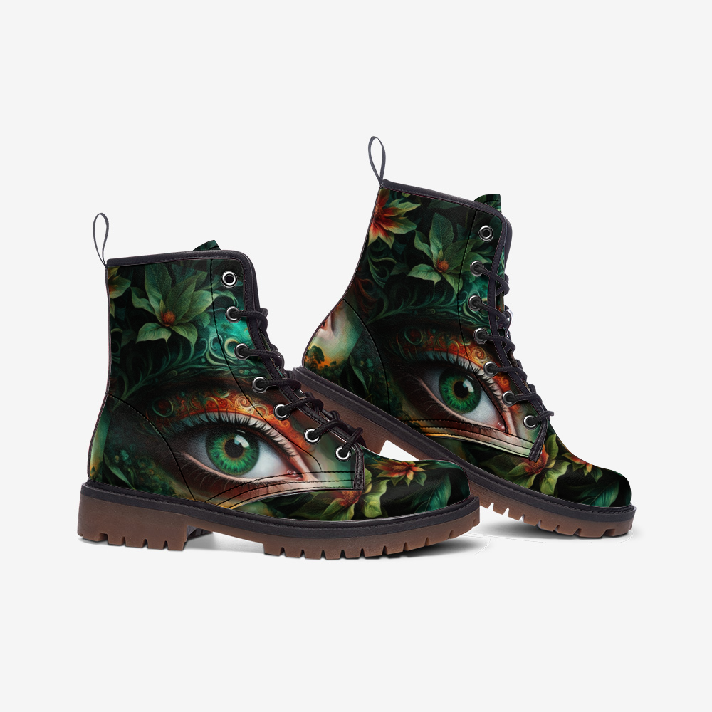 Leather Boots With Green Forest Eyes Print For Hippie Style